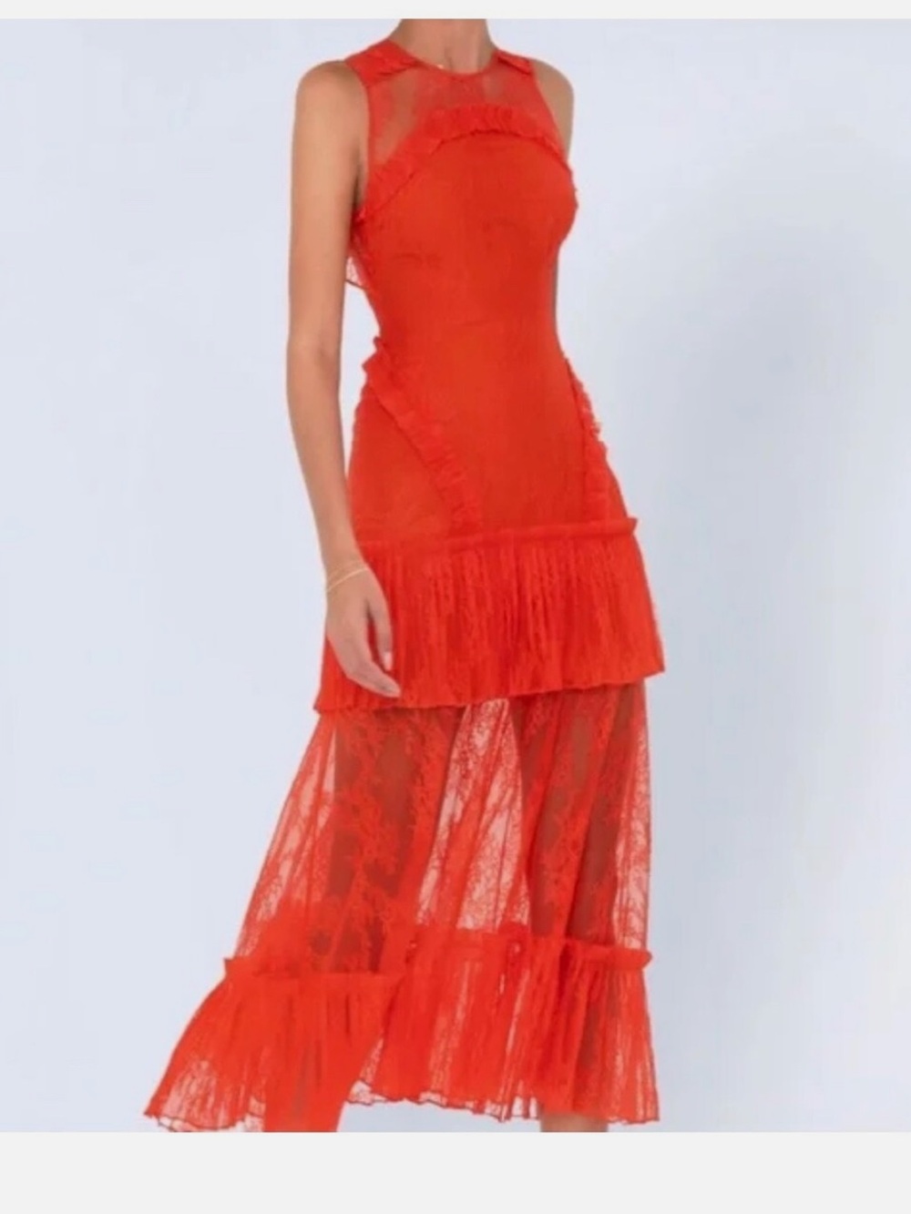 Alexis Red Lace Tiered Midi Dress With Open Back